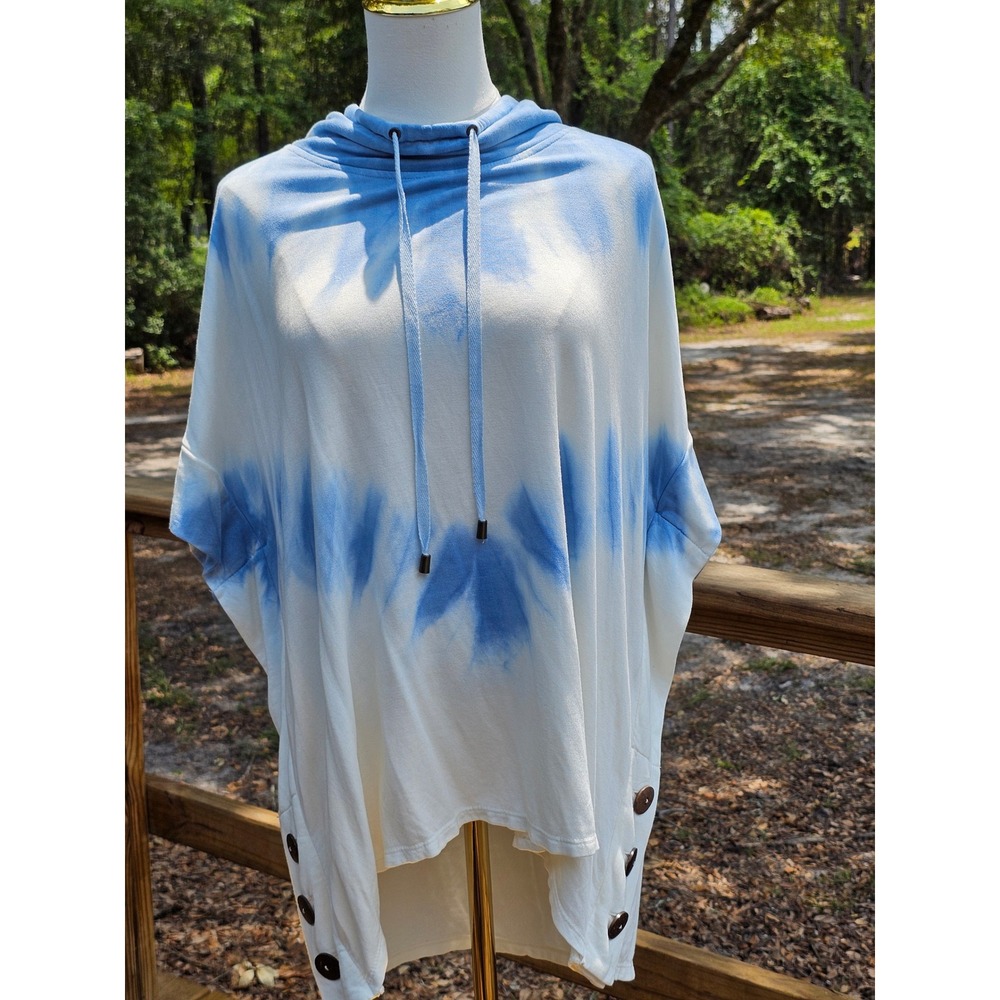 Blue‎ White Tie Dye Poncho Hoodie Oversized Boho Button Side Sweatshirt Top XL